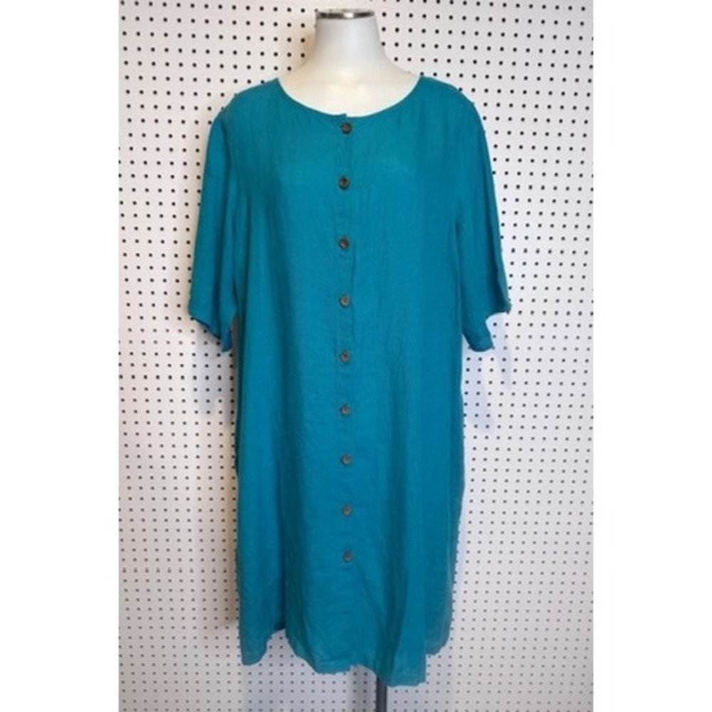 Gudrun Sjoden | Cyan Blue‎ 100% Linen Button Front Short Sleeve Shift Dress XL
